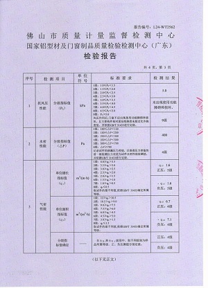 CT140全景推拉窗性能检验报告